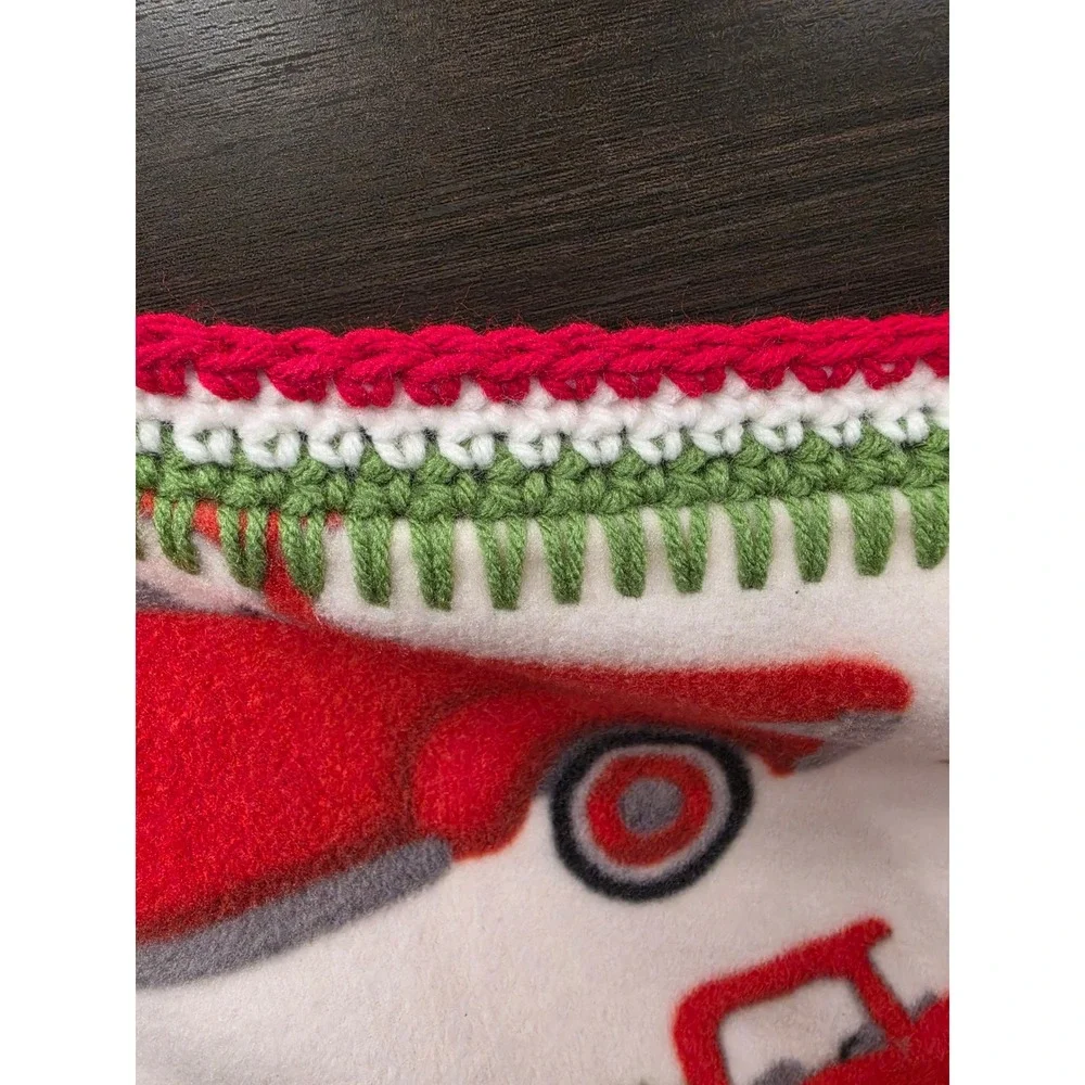 Christmas Red Truck Fleece Throw Blanket with Crocheted Border Farmhouse Holiday